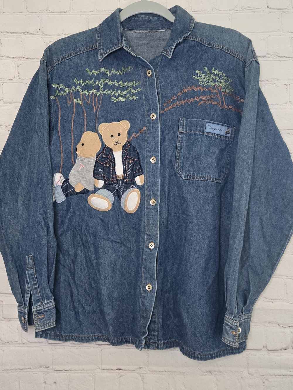 Vtg 90s Together Embroidered Teddy Bear Chambray Denim Button CottageCore Novelt